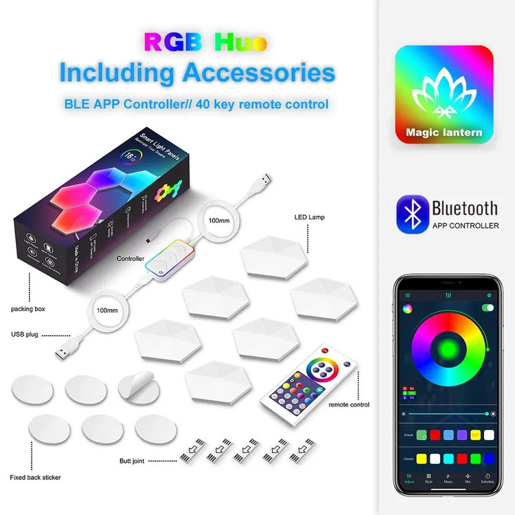 پنل LED هوشمند، ال ای دی 6ضلعی کندویی، مدل 10 تیکه ، چراغ دیواری RGB گیمینگ هوشمند با ریموت و اپلیکیشن | نورپردازی مدرن و هوشمند برای خانه و اتاق گیمینگ
