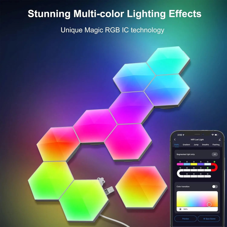 پنل LED دیواری هوشمند شش ضلعی مدل 10 تکه | نورپردازی مدرن و خلاقانه RGBIC
