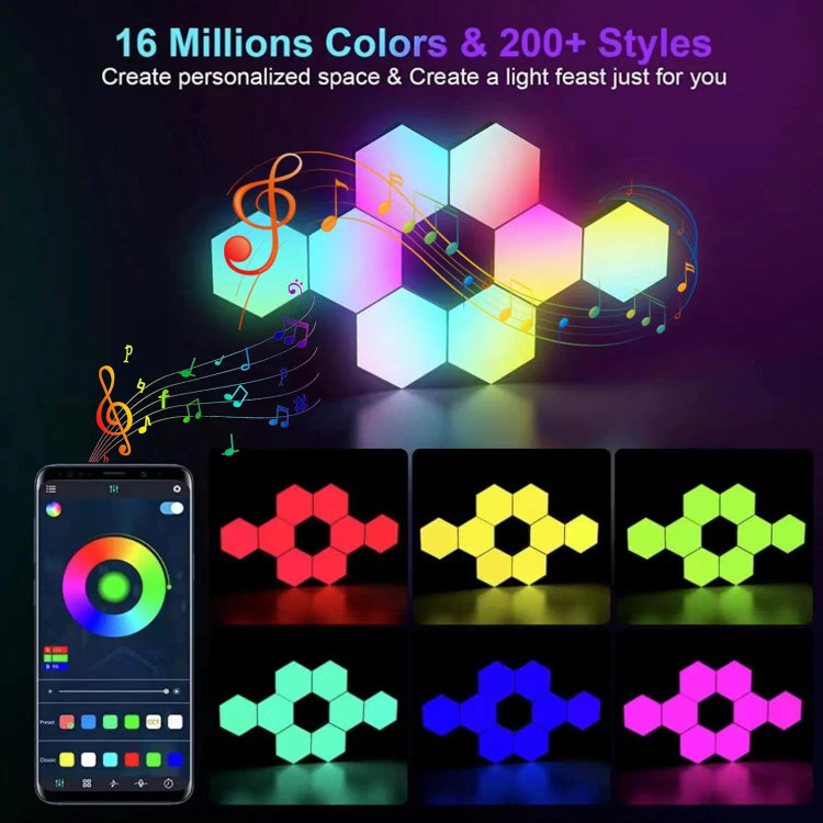 پنل LED دیواری هوشمند شش ضلعی مدل 8 تکه | نورپردازی مدرن و خلاقانه با کنترل هوشمند و حساس به صدا