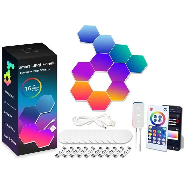 پنل LED دیواری هوشمند شش ضلعی مدل 8 تکه | نورپردازی مدرن و خلاقانه با کنترل هوشمند و حساس به صدا